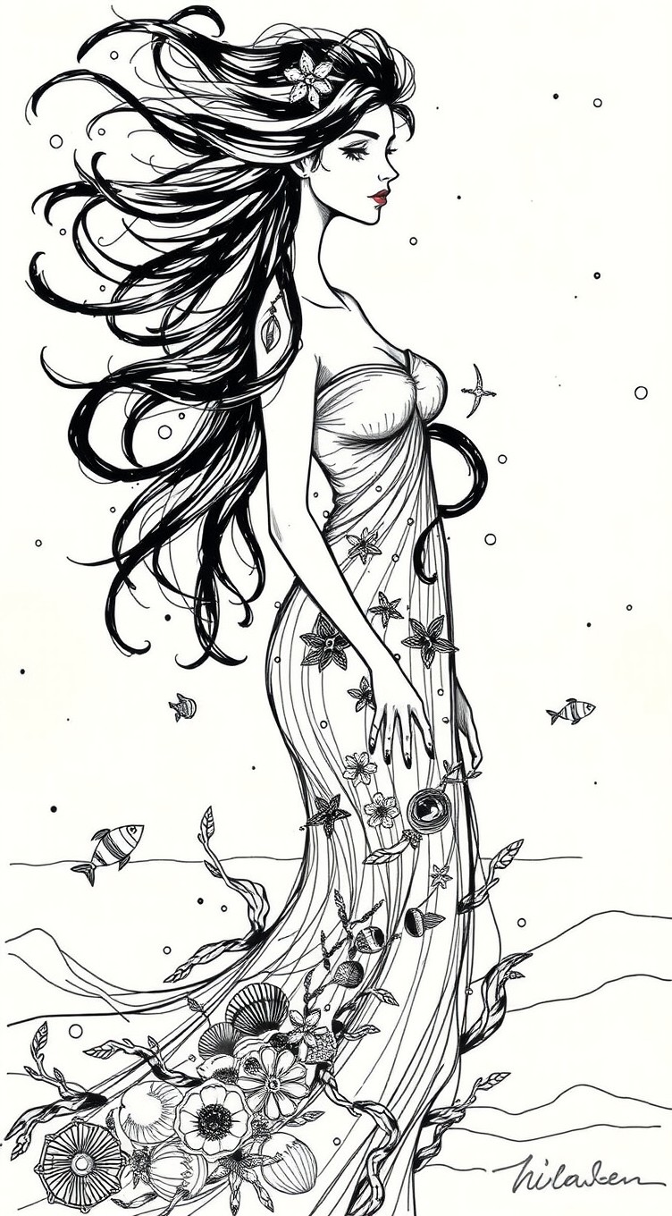 A stunning artwork featuring the sea personified as a woman, illustrated in a scribbles style using black ink
