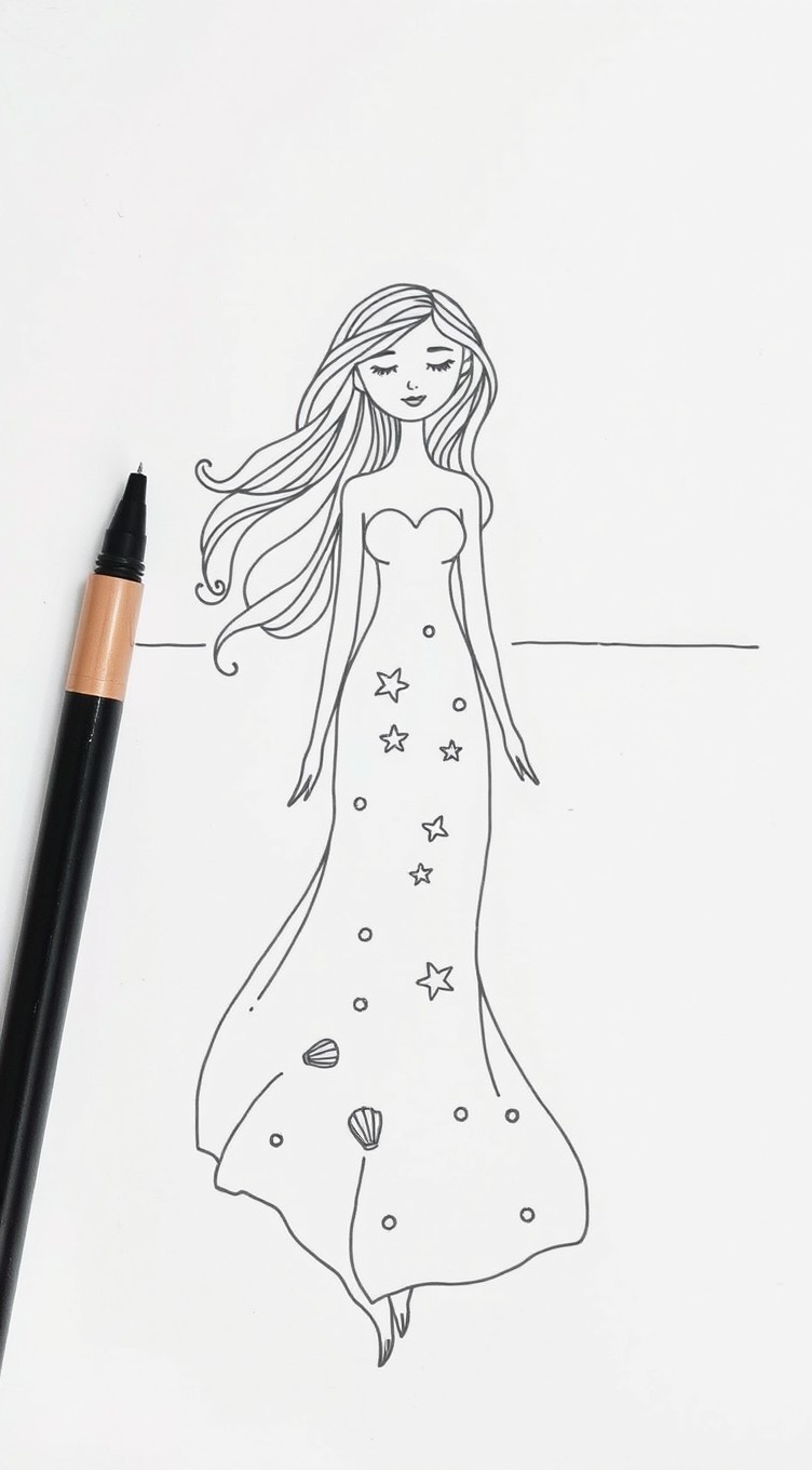A simple hand illustration depicting the sea as a woman, created with a black pen