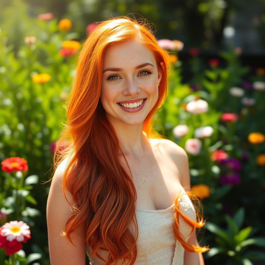 A stunning redhead with freckles stands gracefully in a sunlit environment, her vibrant hair cascading over her shoulders