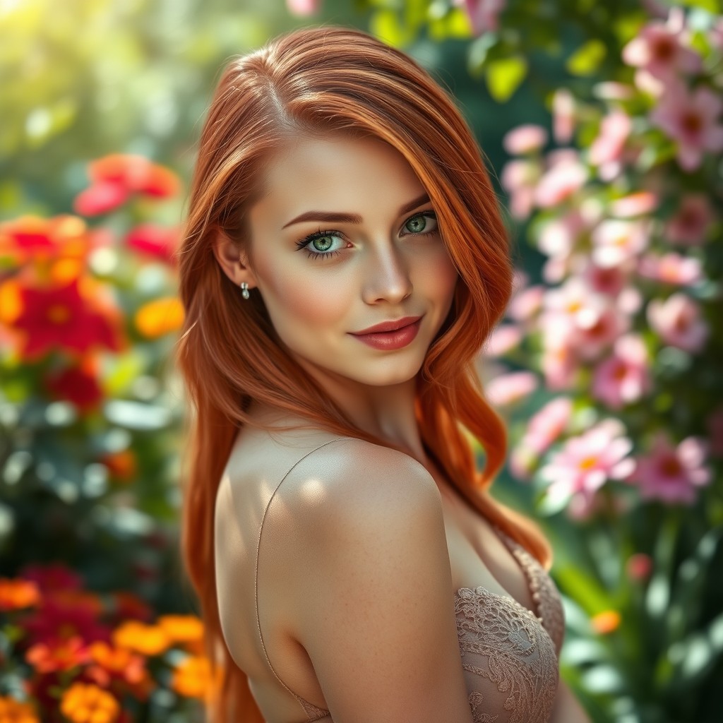 A captivating portrait of a beautiful woman with stunning red hair flowing elegantly down her shoulders