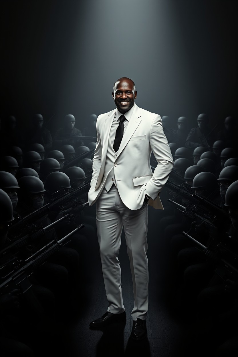 A dramatic scene depicting a black silhouette wearing a crisp white suit entering a dimly lit room filled with hundreds of black soldiers armed with AR-15 rifles, all aimed at the silhouette
