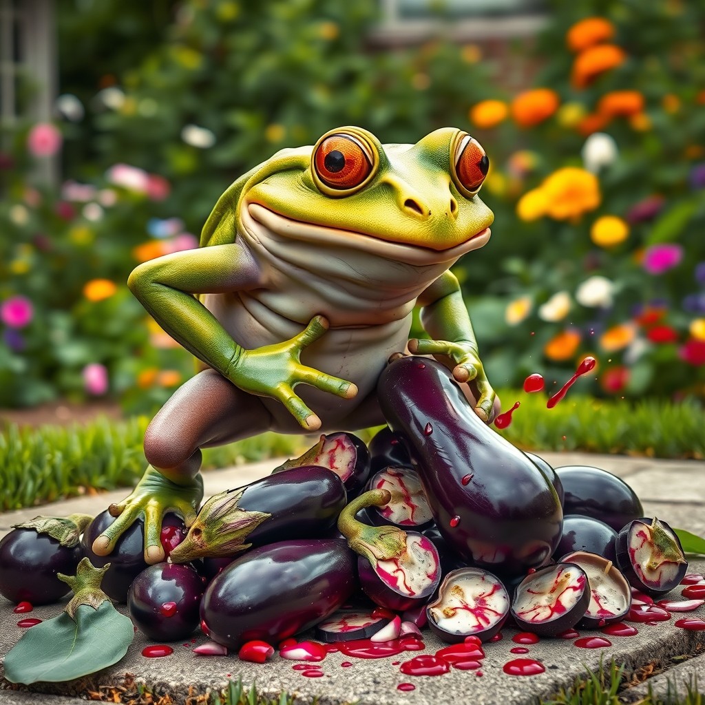 A furious frog with bulging eyes, vibrant green skin, and exaggerated features, fervently smashing and stomping on a pile of purple, glossy eggplants scattered on the ground