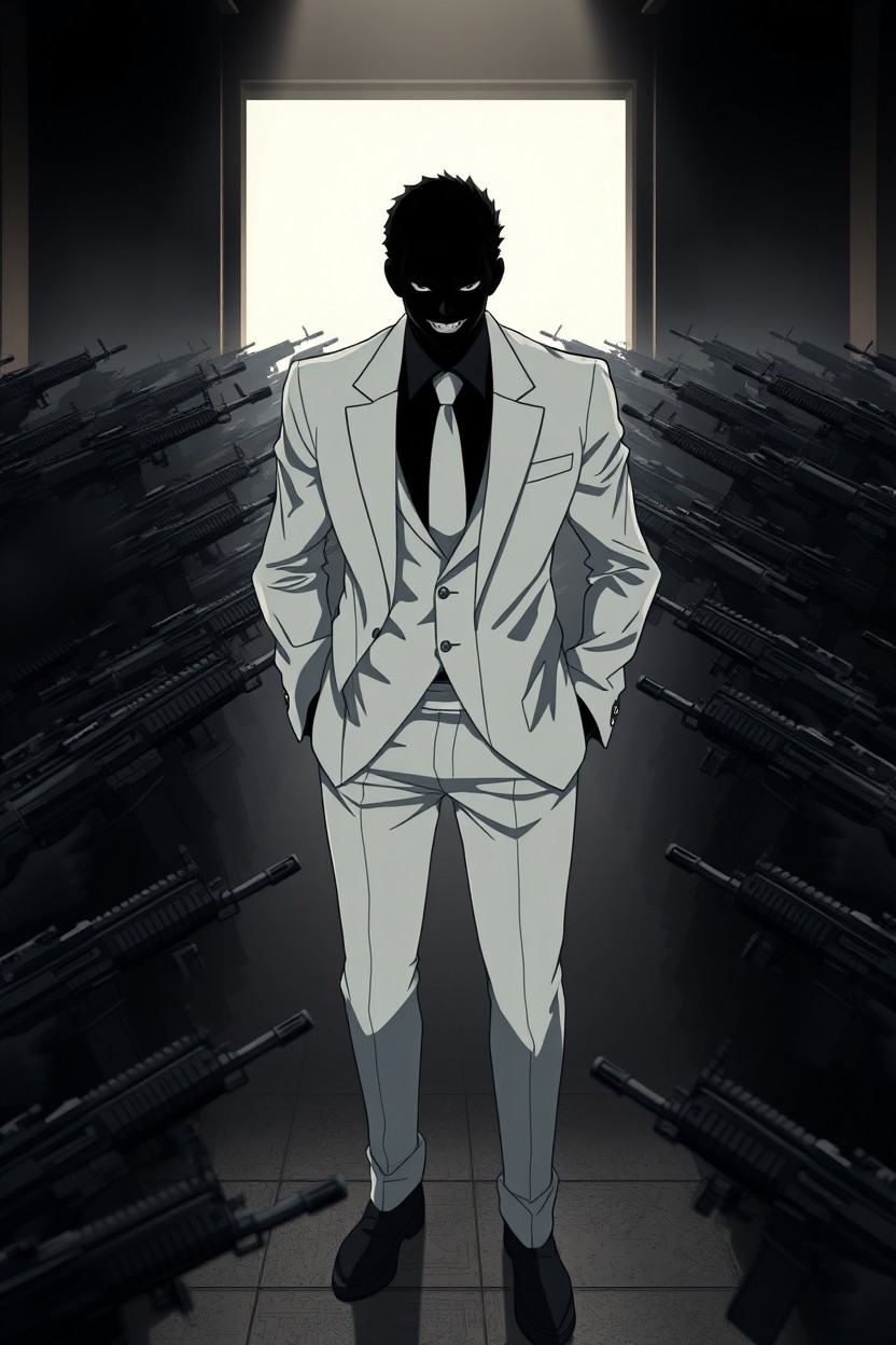 An anime-style scene featuring a black silhouette of a character in a sleek white suit entering a room surrounded by hundreds of black soldiers wielding AR-15 rifles, all menacingly aimed at the silhouette