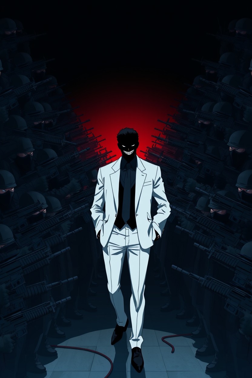 An anime-style scene featuring a black silhouette of a character in a smart white suit entering a dimly lit room filled with hundreds of black soldiers, each armed with AR-15 rifles, aiming at the silhouette
