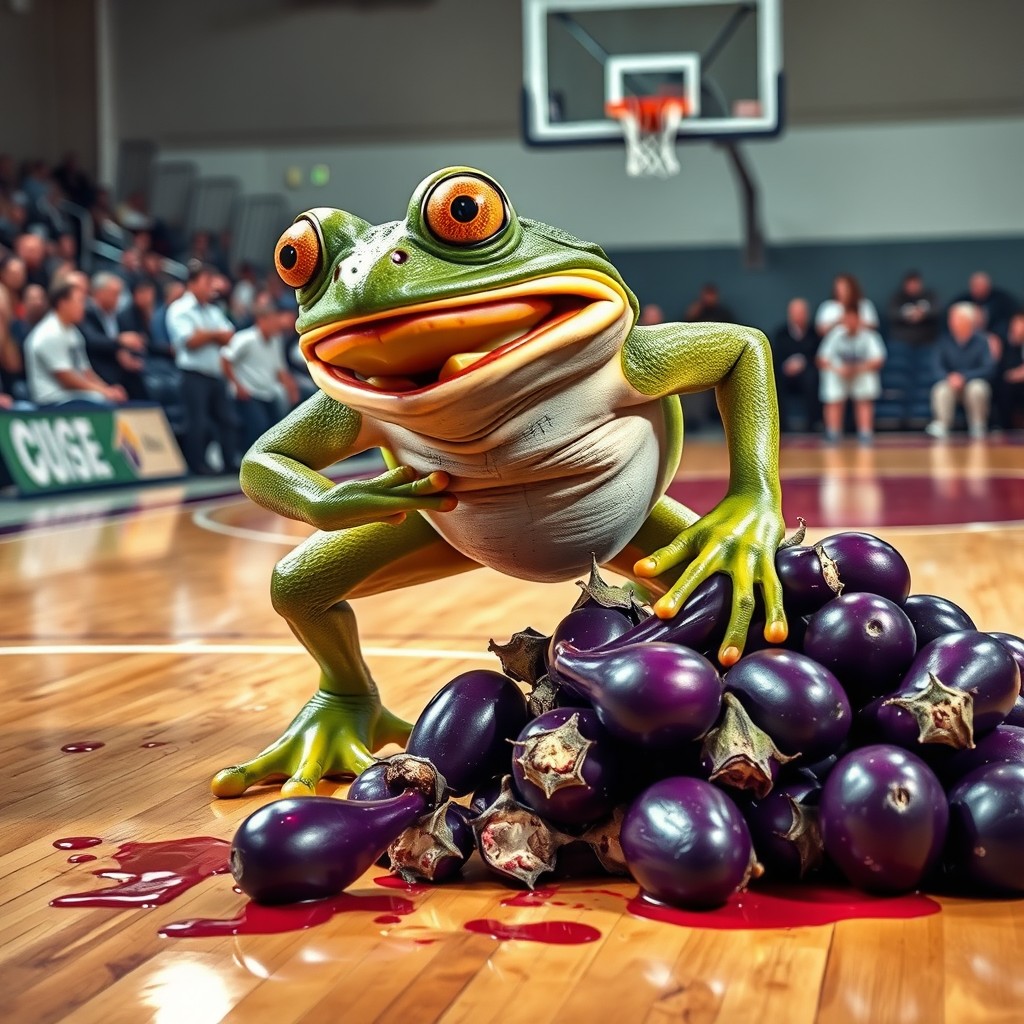 An extremely angry frog with bulging eyes, vibrant green skin, and exaggerated features, furiously smashing a pile of glossy purple eggplants on a basketball court