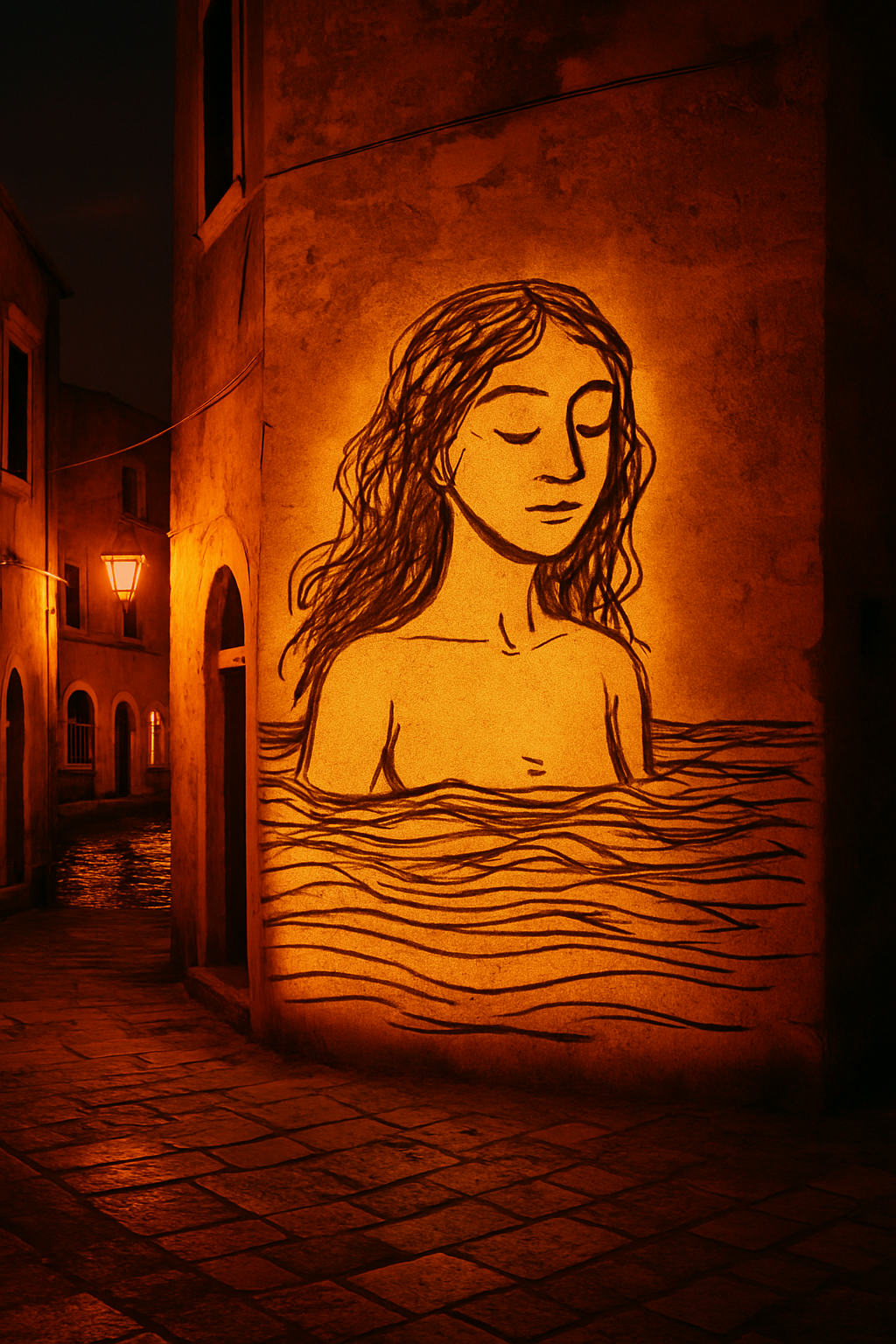 This image projected on a wall in an old city by the sea at night times with very warm colors