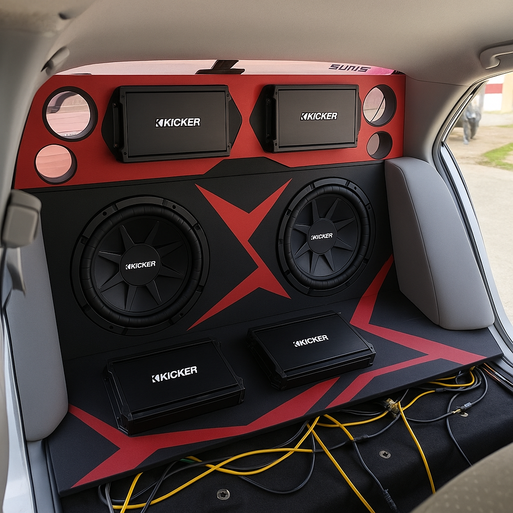Mejora está imagen sin cambiar nada solo pon amplificadores a modo de tapar todo en la parte donde va el sillón con una tabla con diseños y un desnivel y los amplificadores arriba