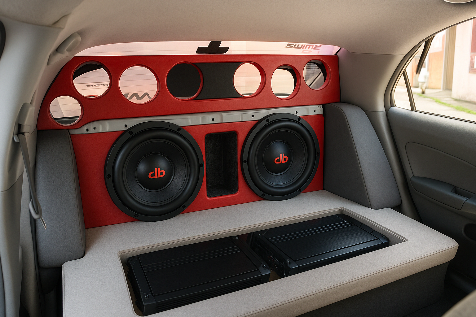 En la parte de abajo has una base de madera y pon amplificadores que estén abajo tapados con acrílico y la base que tape todo y forme un sillón y no cambies los woofers ni el panes solo has un diseño usando los