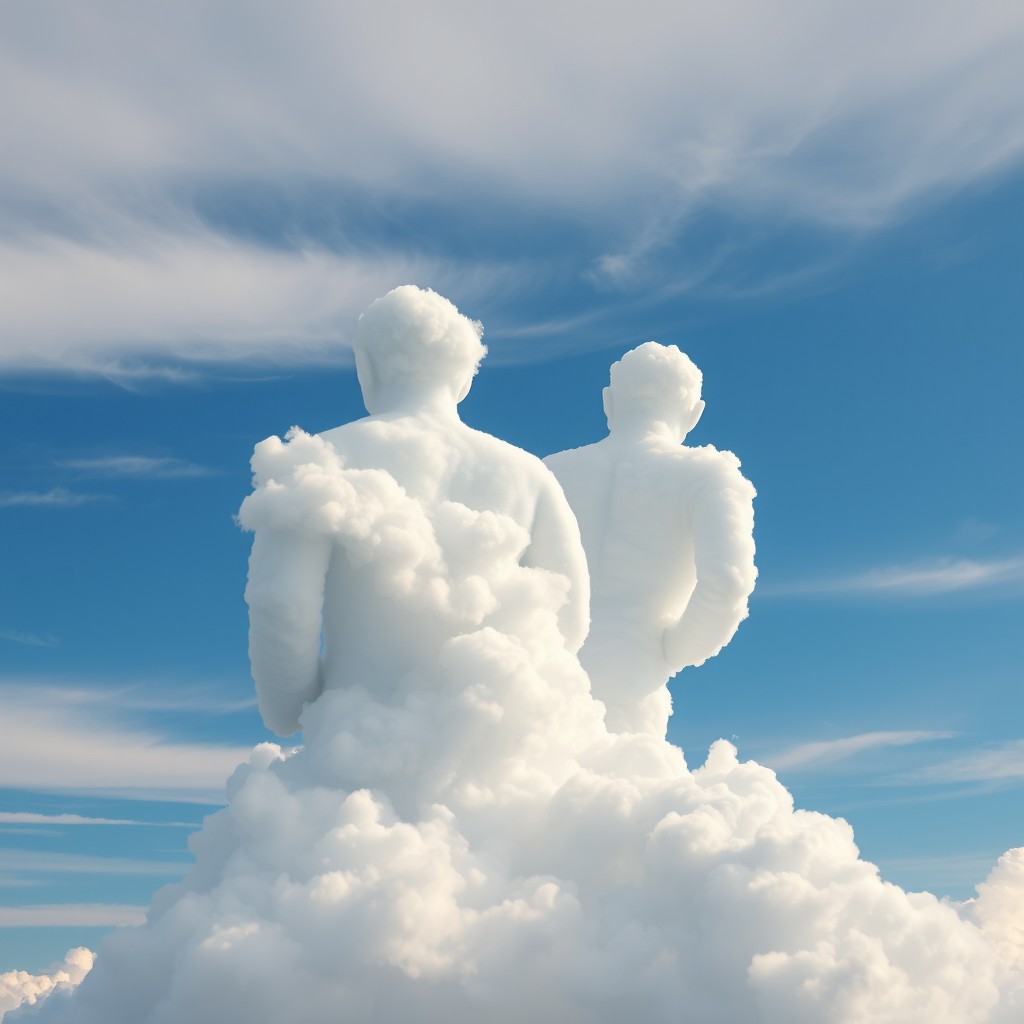 A surreal scene of two large clouds shaped like human figures in the sky