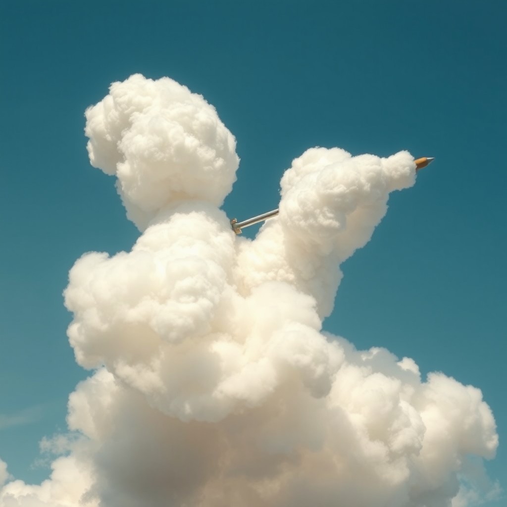 Two fluffy clouds shaped like human figures, with one cloud positioned behind the other, depicted in an intense action as the back cloud appears to stab the front cloud in the back