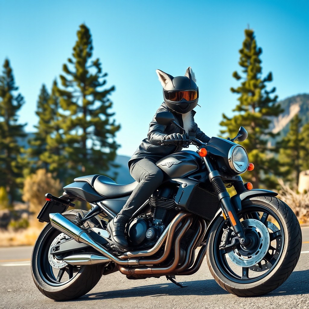 A cool and stylish grey fox riding a motorcycle