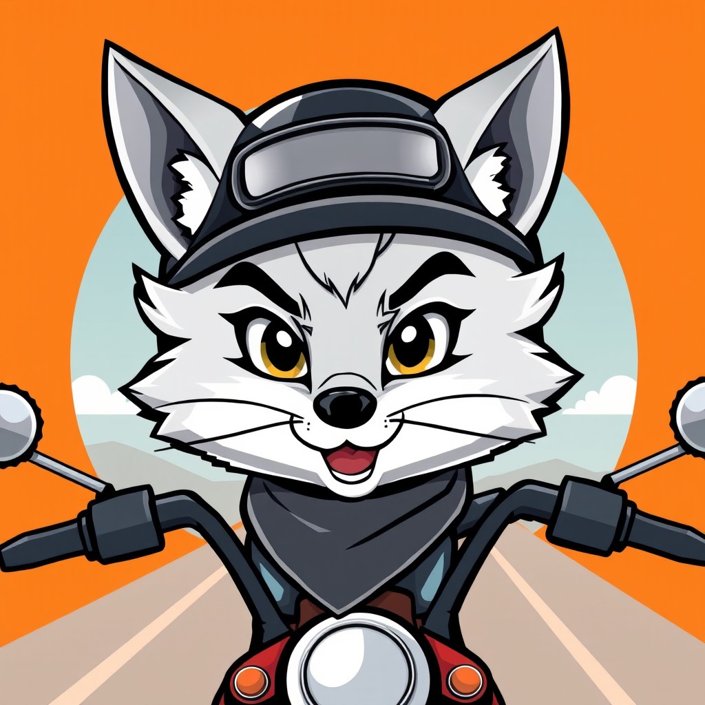 A playful cartoon illustration of the face of a silver fox motorcycle rider, designed for a logo