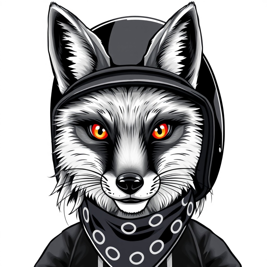 A detailed and artistic drawing of the face of a silver fox motorcycle rider, designed specifically for a logo