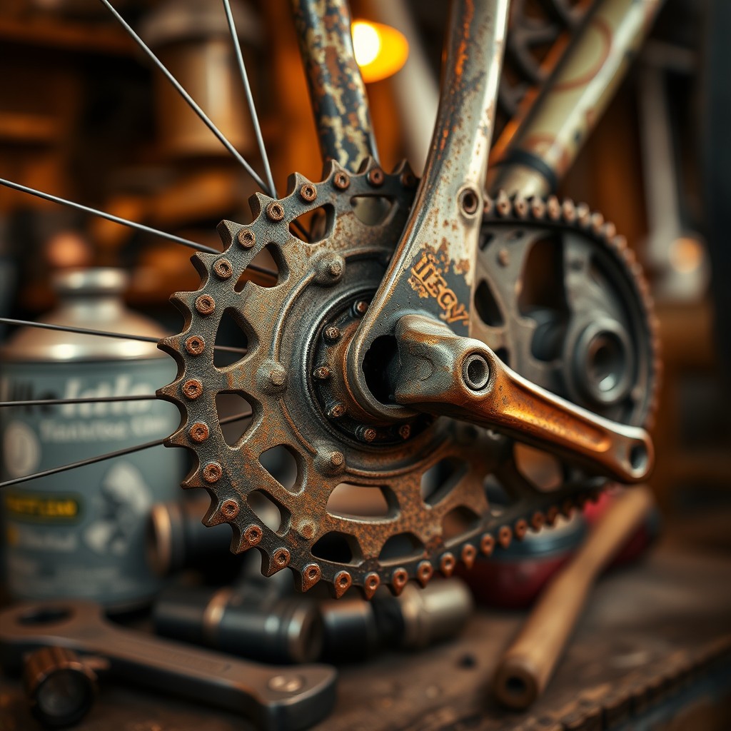 A close-up image of a vintage bicycle's first gear mechanism, showcasing intricate details of the gear teeth and chain
