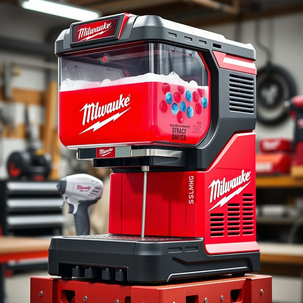 A Milwaukee branded battery-operated slush machine, featuring a robust and industrial design