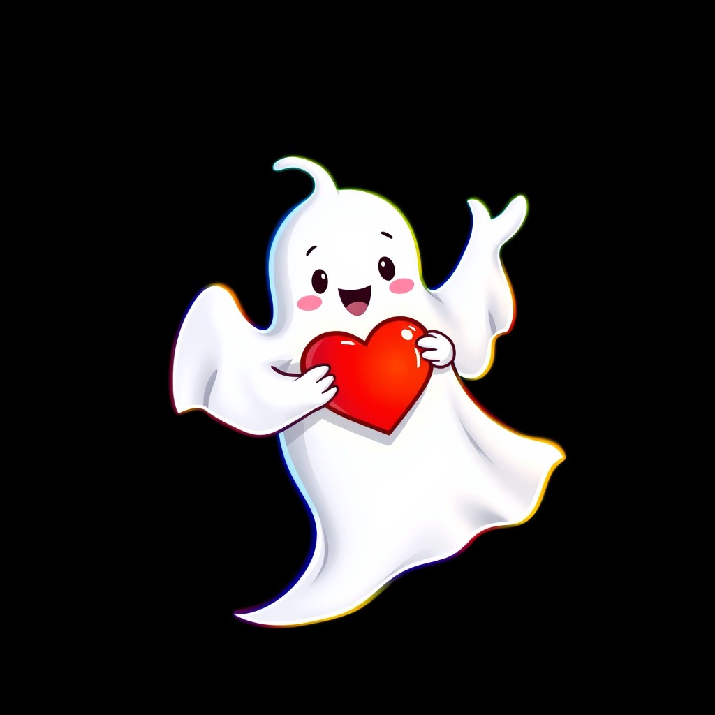 A whimsical white ghost floating gracefully with vibrant, colorful outlines against a deep black background, holding a glowing red heart in its hand, radiating warmth and charm