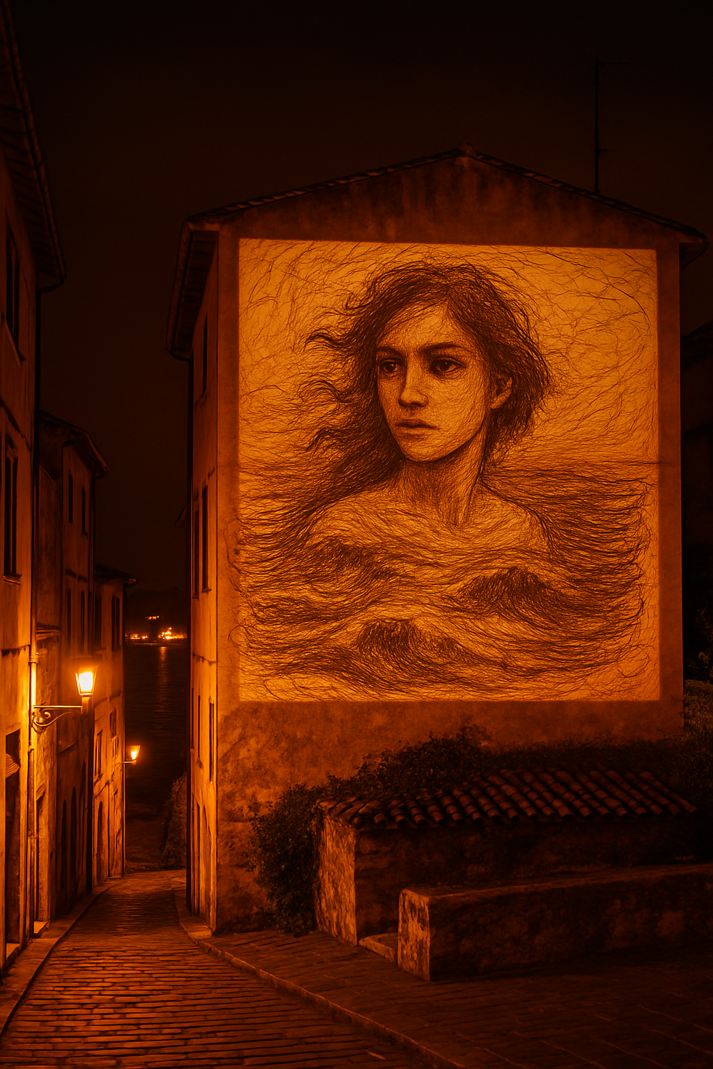 "This image projected on a wall in an old city by the sea at night times with very warm colors"