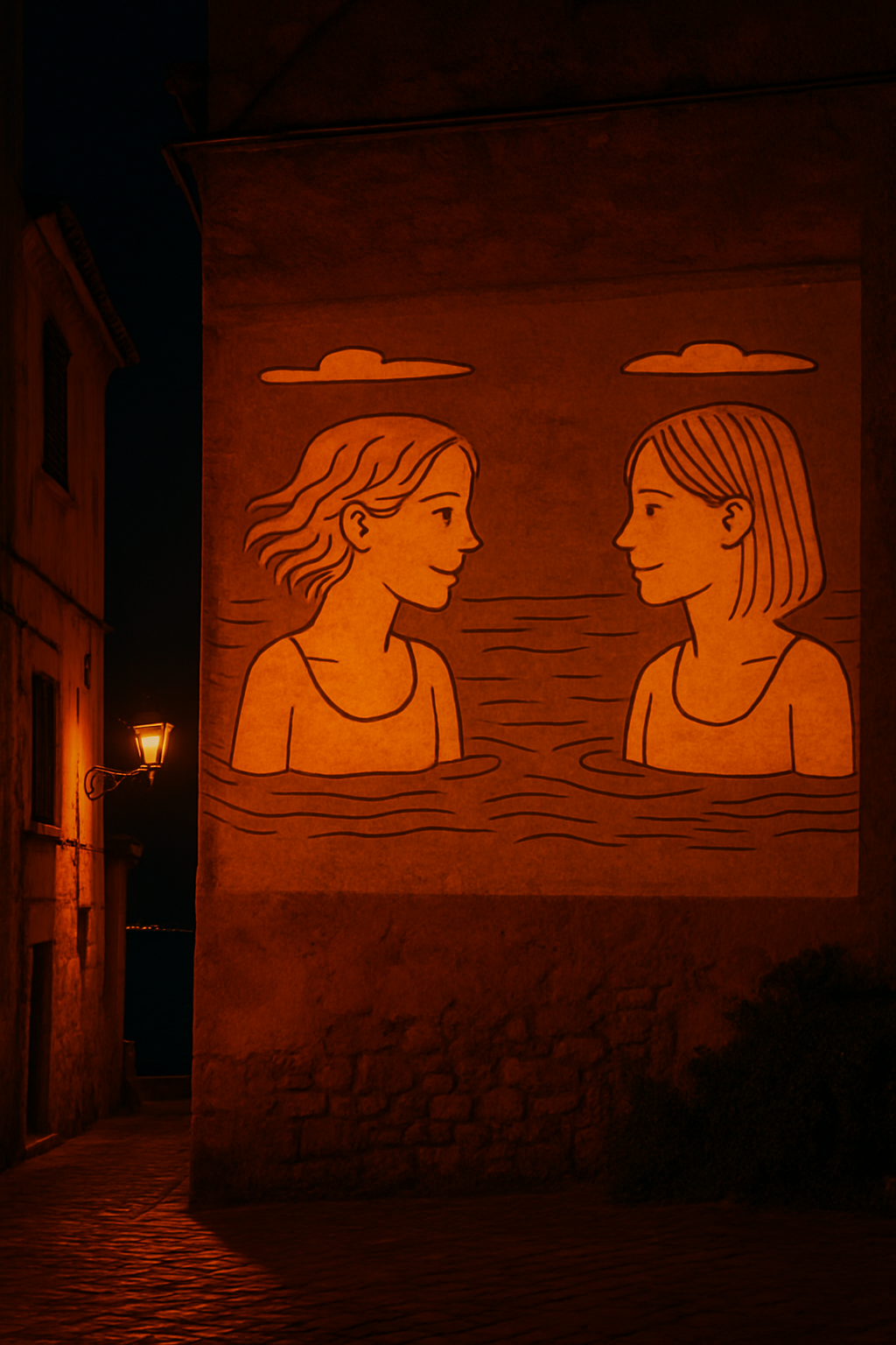 "This image but more detailed and more sophisticated projected on a wall in an old city by the sea at night times with very warm colors"