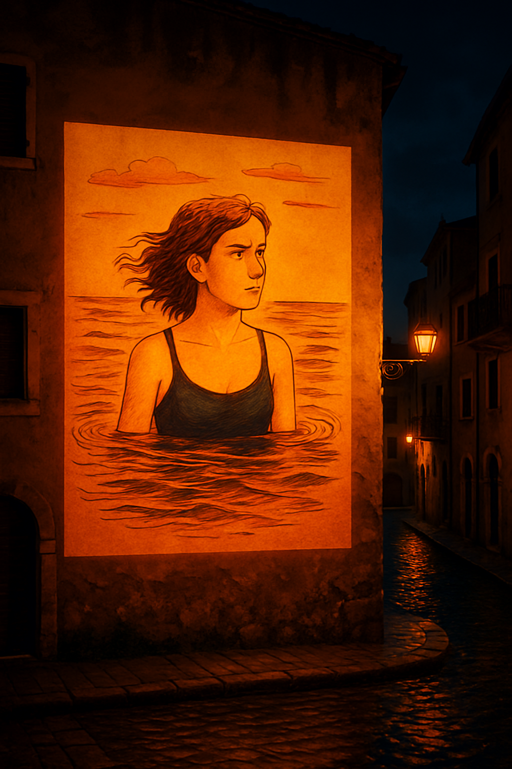 "This image projected on a wall adding colors to it in an old city by the sea at night times with very warm colors"