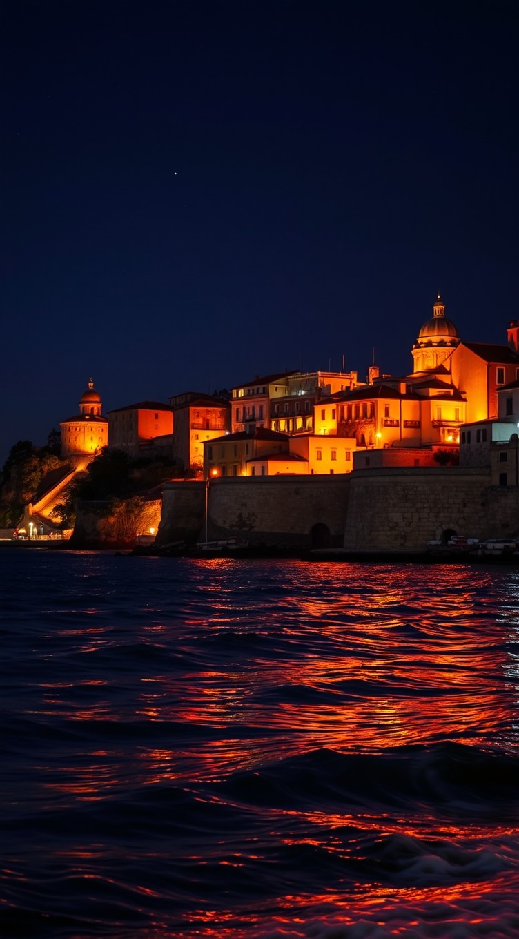An artistic projection of a captivating image set against the backdrop of an old city by the sea at night