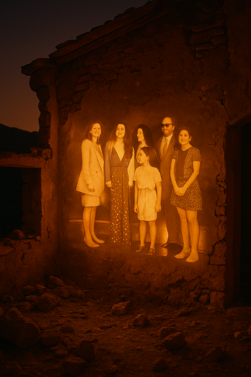 This image with less colors projected on a wall in an old mountain and Mediterranean broken house at night times with very warm colors feeling nostalgic