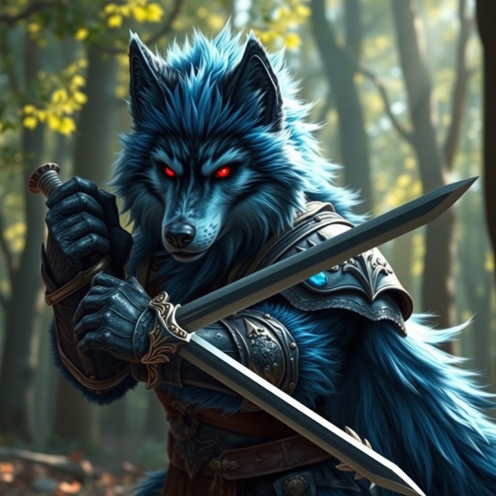 A striking blue and black fur wolf with piercing red eyes, exuding an aura of strength and power