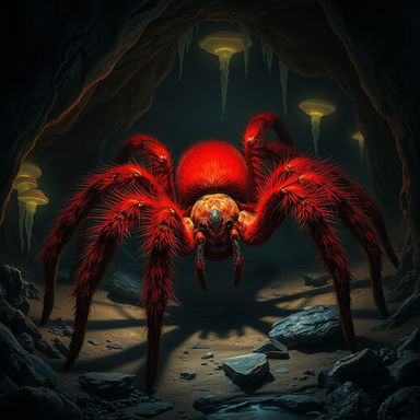 A massive, realistic giant red spider lurking in the shadows of a dark cave, with intricate details on its hairy legs and unique markings on its body