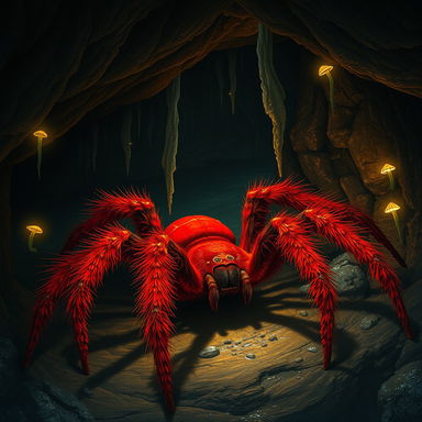A massive, realistic giant red spider lurking in the shadows of a dark cave, with intricate details on its hairy legs and unique markings on its body