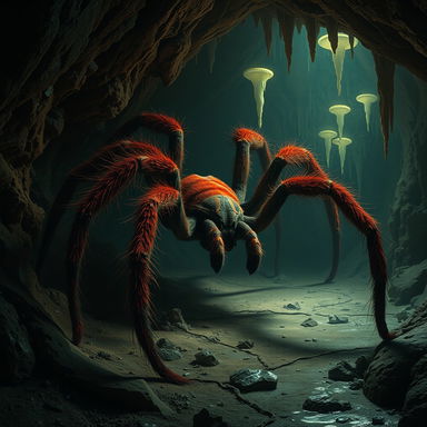 A massive, realistic giant red spider lurking in the shadows of a dark cave, with intricate details on its hairy legs and unique markings on its body