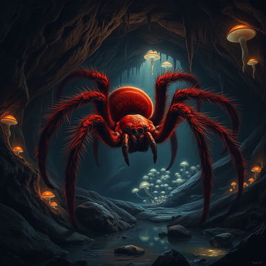A massive, realistic giant red spider lurking in the shadows of a dark cave, with intricate details on its hairy legs and unique markings on its body
