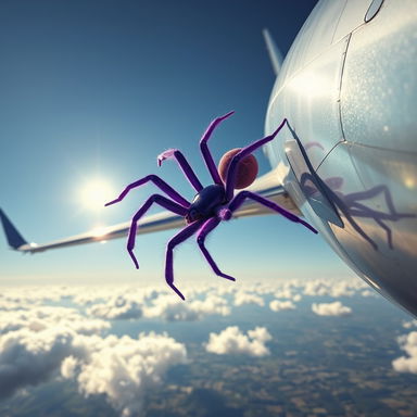 A massive, realistic giant purple spider crawling along the fuselage of a large airplane mid-flight, showcasing intricate details on its hairy legs and unique markings on its body