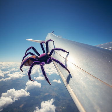 A massive, realistic giant purple spider crawling along the fuselage of a large airplane mid-flight, showcasing intricate details on its hairy legs and unique markings on its body