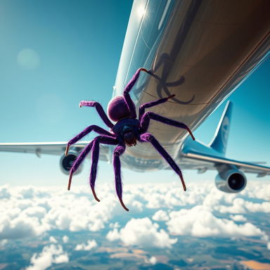 A massive, realistic giant purple spider crawling along the fuselage of a large airplane mid-flight, showcasing intricate details on its hairy legs and unique markings on its body