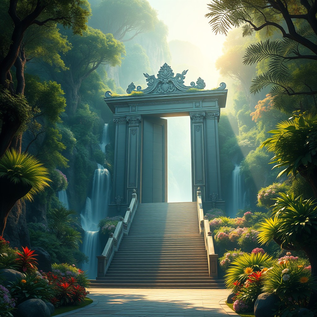 A majestic, colossal gate resembling one of the seven wonders of the world, featuring a grand staircase leading up to it