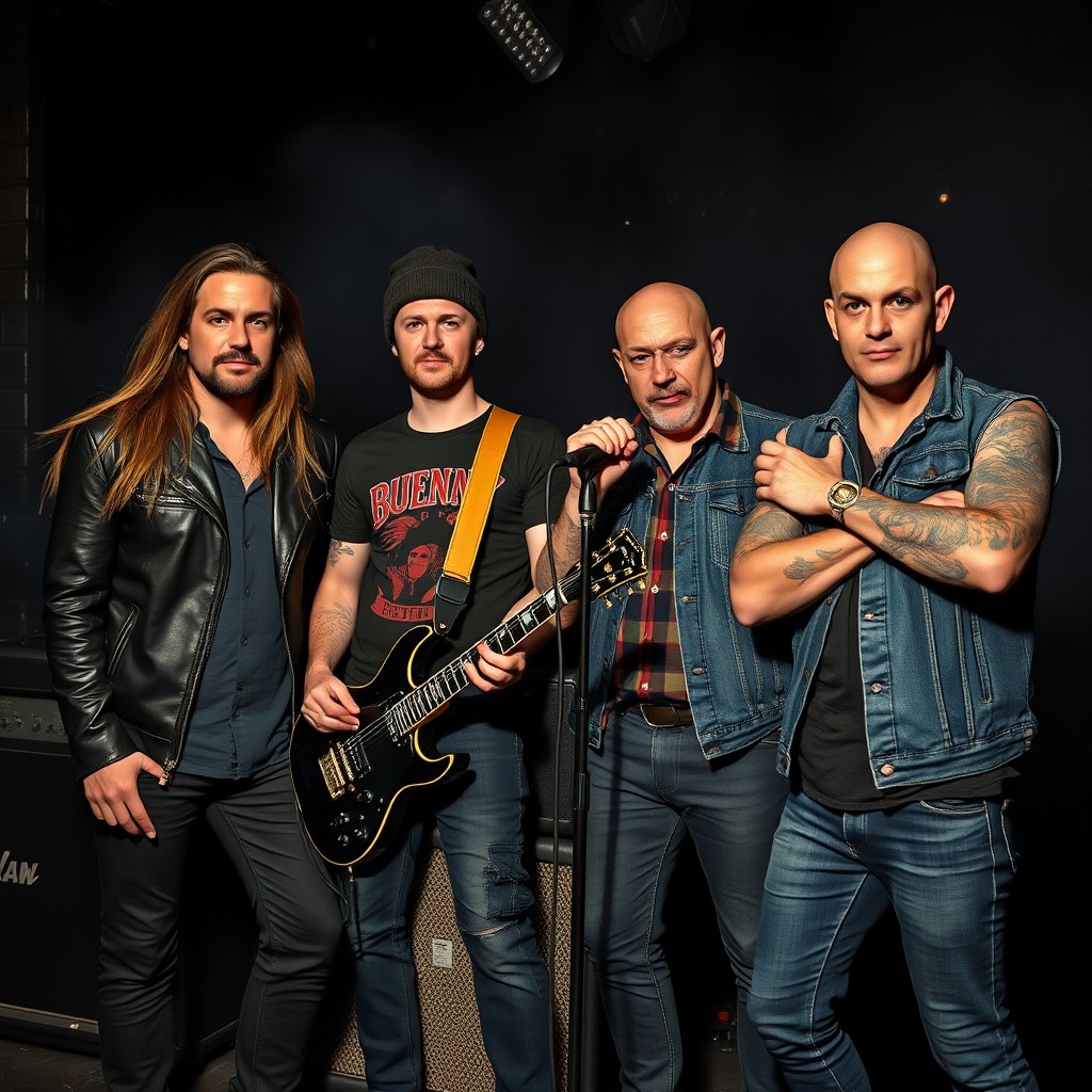 A hyper-realistic image featuring four thirty-year-old men in a rock band, each with distinct styles