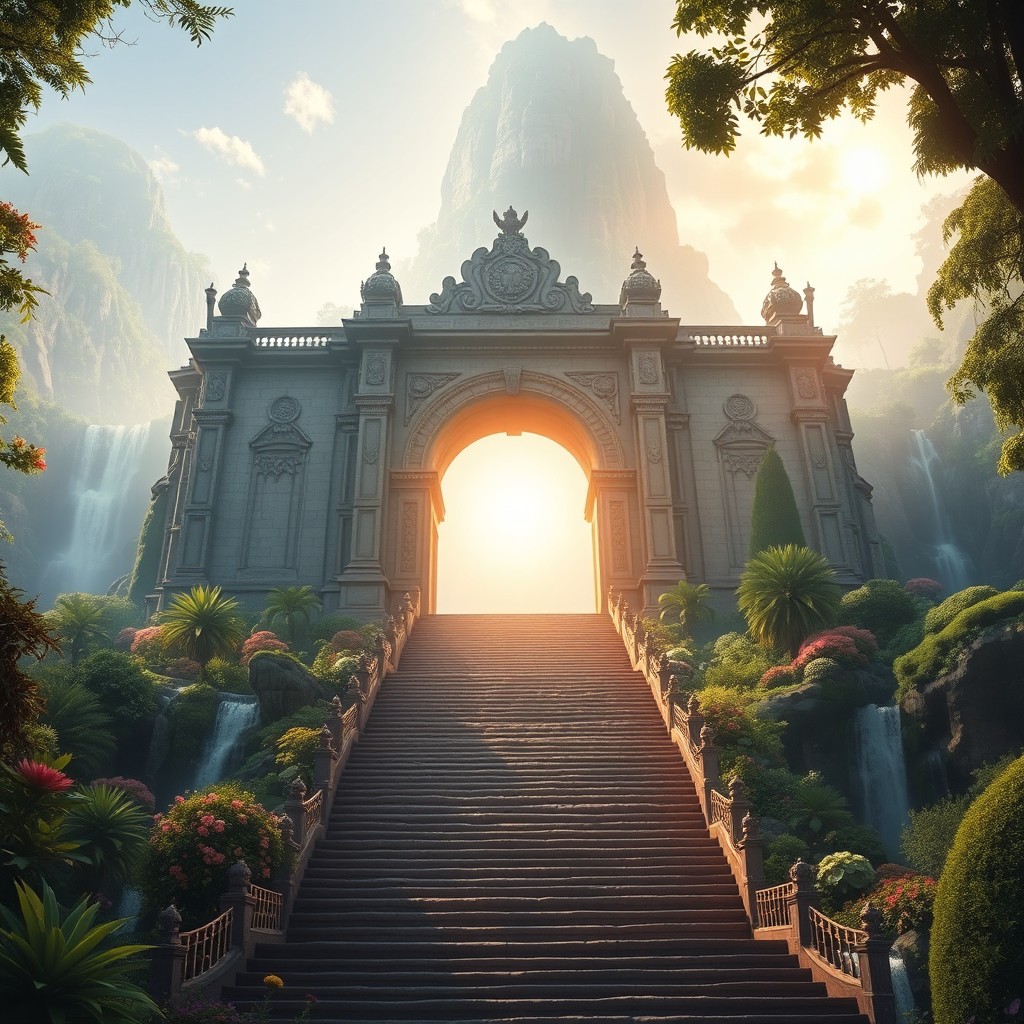 A majestic, colossal gate resembling one of the seven wonders of the world, with an elaborate grand staircase leading up to it