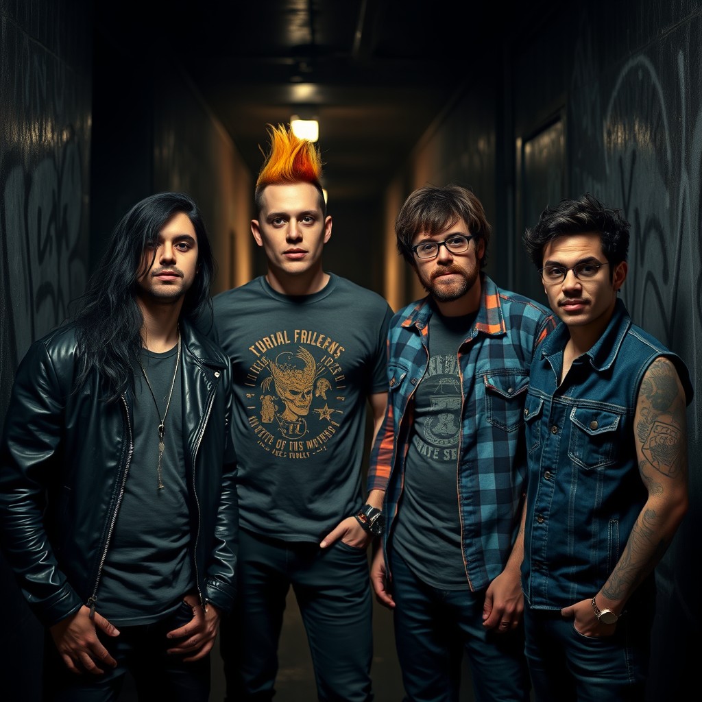 A hyper-realistic image of four twenty-five-year-old men in a rock band