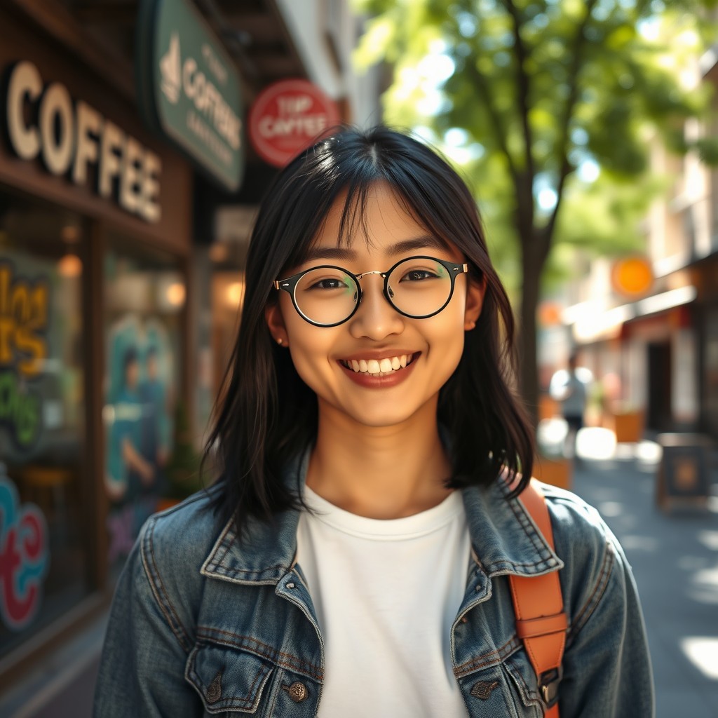 A young adult East Asian person with round glasses, smiling brightly