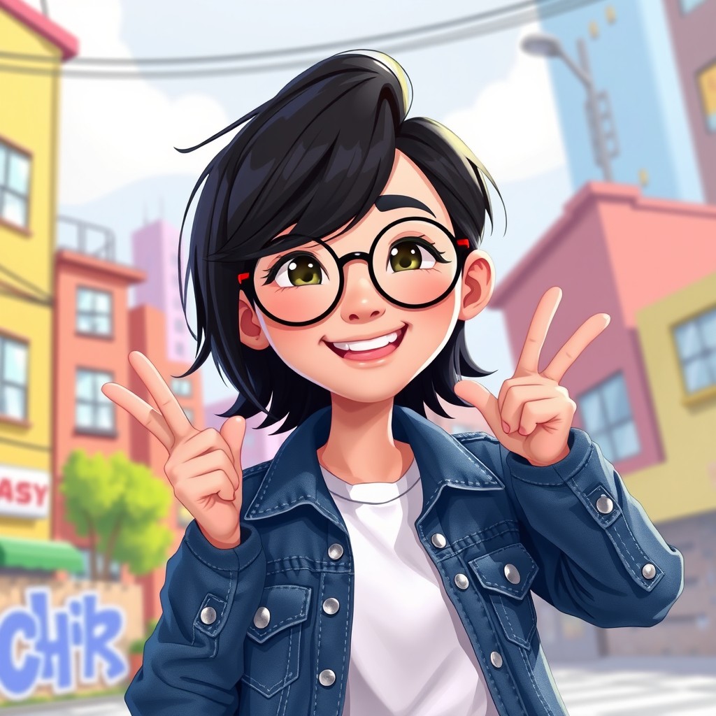 A vibrant 2D character design of a young adult East Asian person with round glasses
