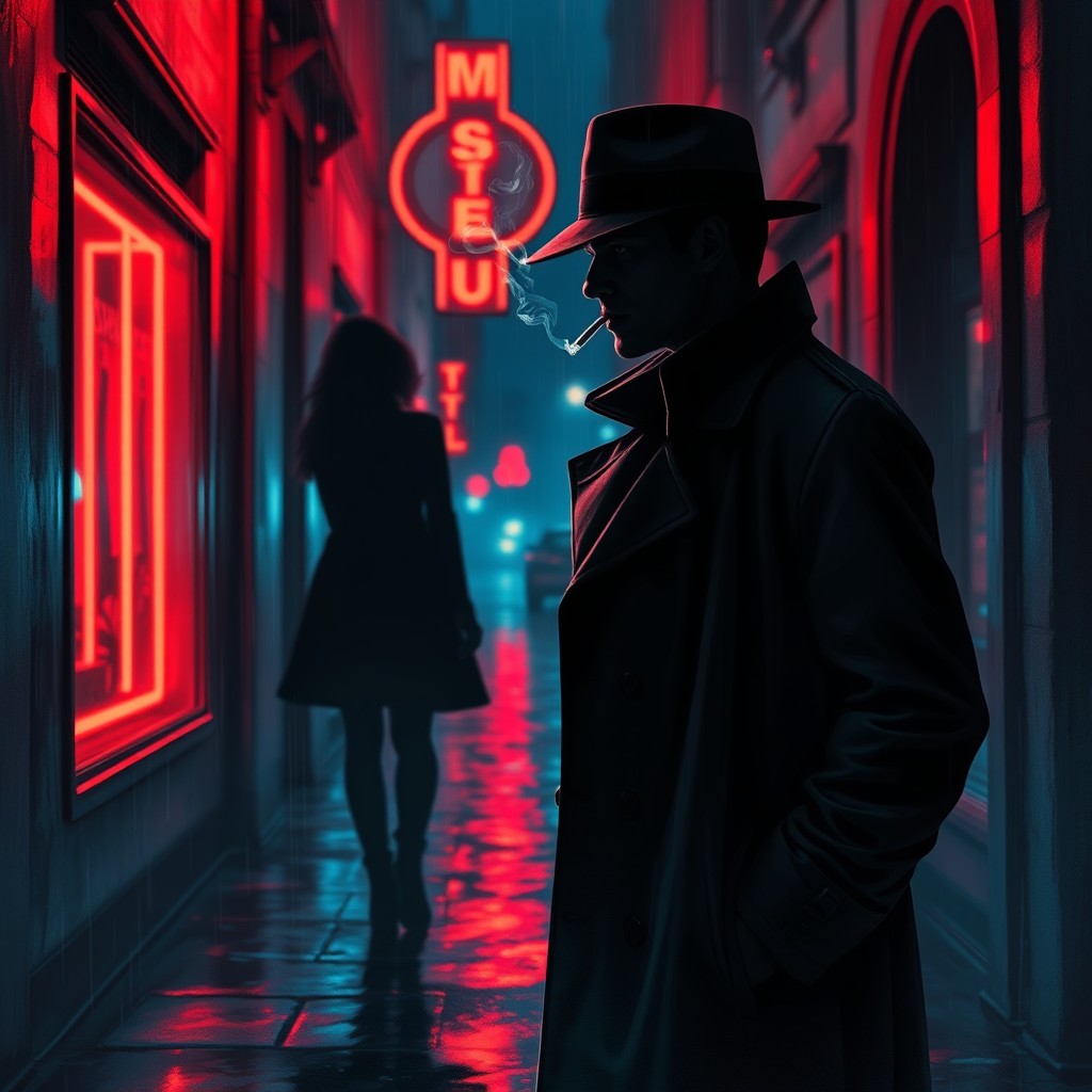 A highly detailed digital painting in noir style featuring a rain-soaked city alley illuminated by vibrant neon lights in red and blue