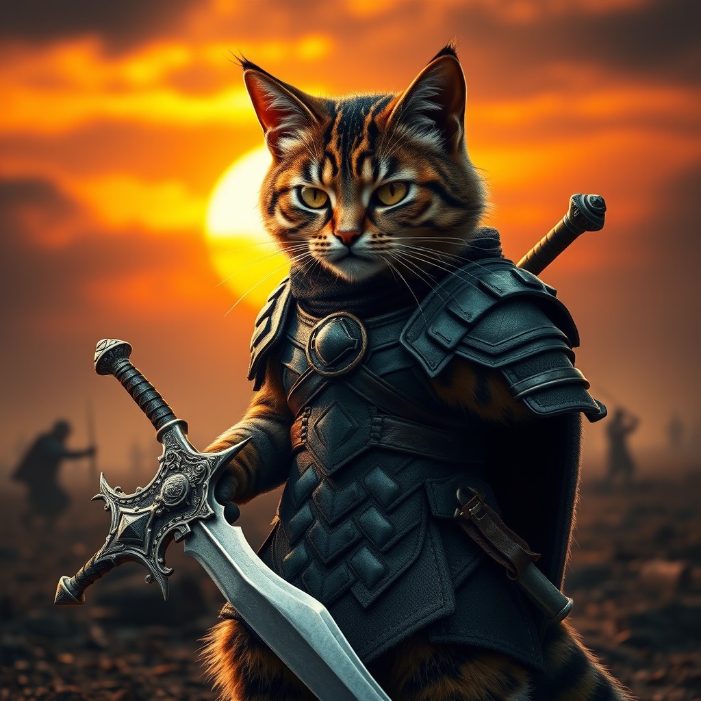 A fierce cat soldier, wearing a small armor and holding a glinting sword