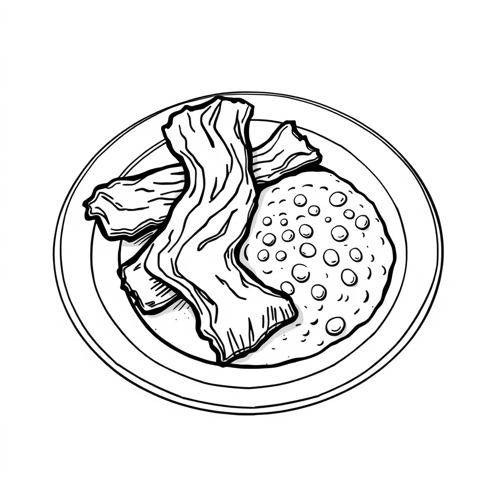 A comic-style illustration of crispy bacon and corn porridge on a plate