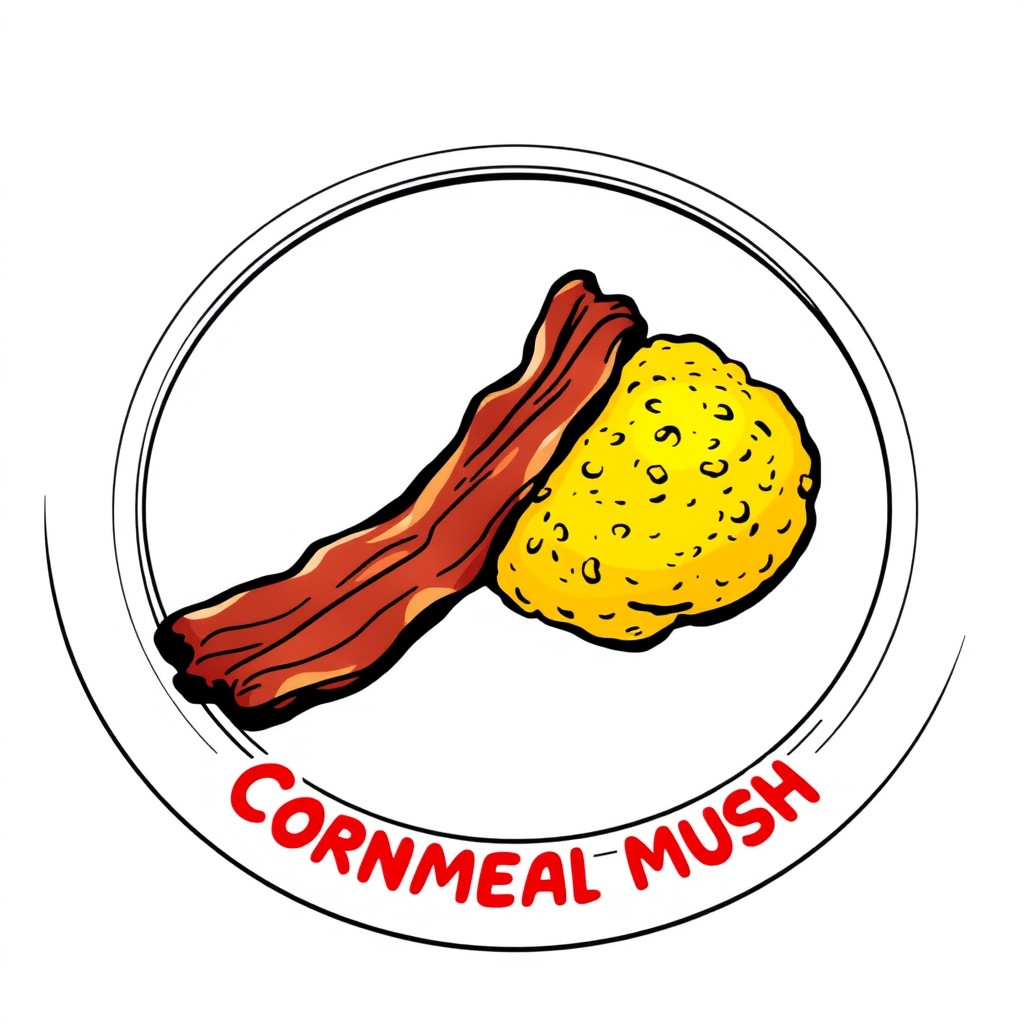 A comic-style illustration of crispy bacon and cornmeal mush on a plate