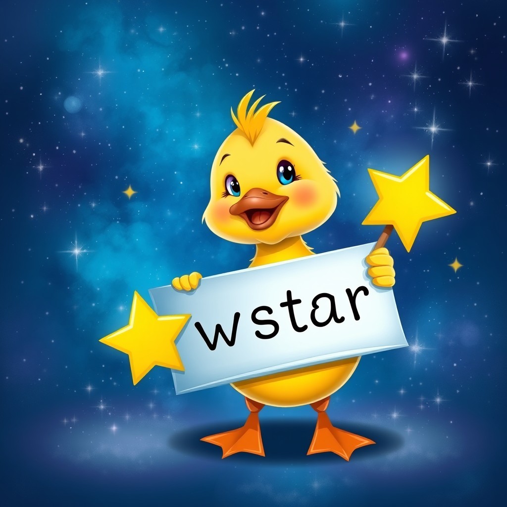 A whimsical and cute duck holding a sign that reads "star" with a bright yellow star next to the text