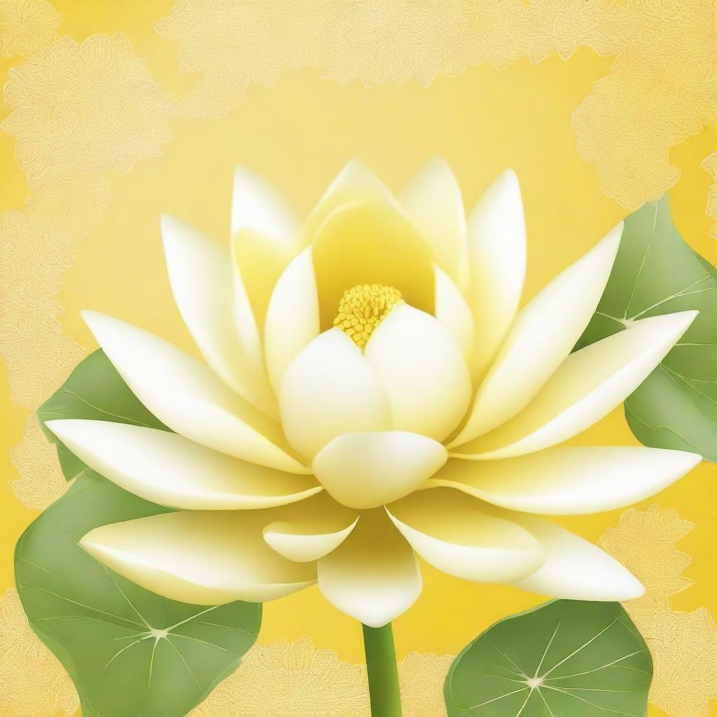 A bright yellow background featuring a delicate white lotus.