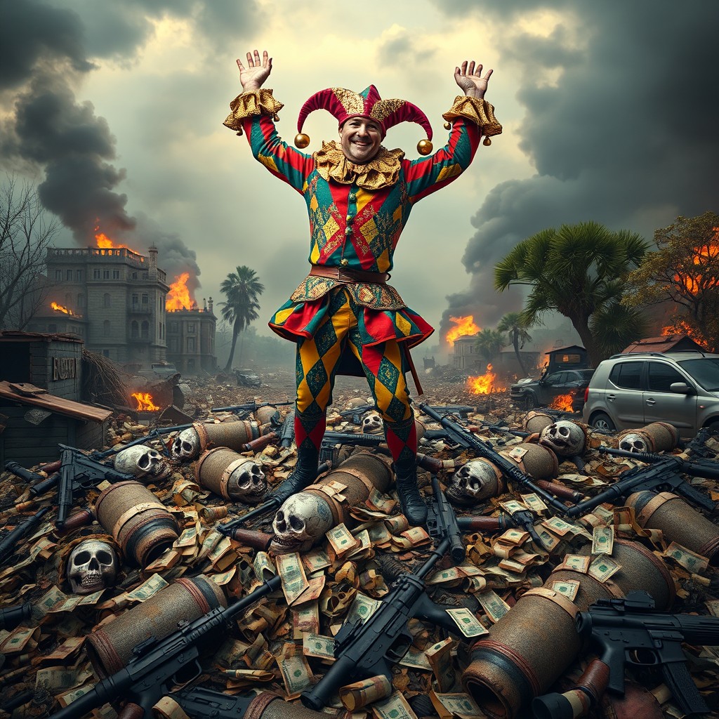 A man dressed as a medieval jester standing triumphantly on top of a chaotic pile of corpses, scattered money, and war guns, wearing a colorful jester costume with bells and vibrant patterns