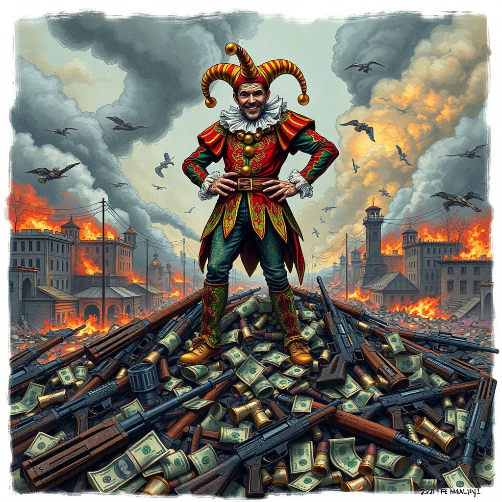 A man dressed as a medieval jester stands proudly atop a chaotic pile of corpses, scattered money, and war guns, wearing a vibrant jester costume adorned with bells and colorful patterns