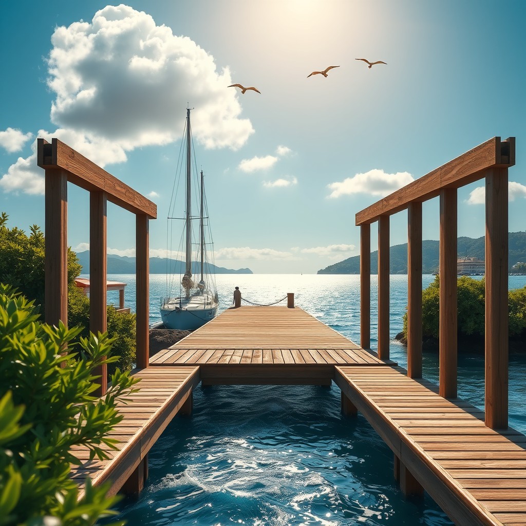 A beautifully designed marine dock set in a serene coastal environment