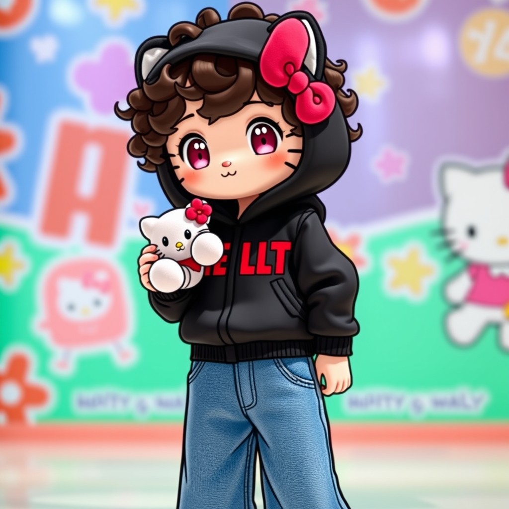 A cute character resembling a Hello Kitty-style figure with curly hair, wearing a black jacket adorned with bright red letters on the chest