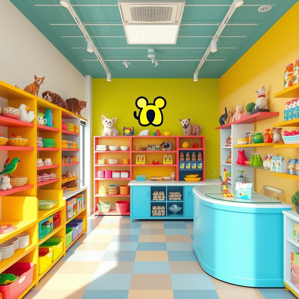 A vibrant pet shop interior design measuring 38 square meters, catering to a variety of pets including dogs, cats, birds, and small mammals